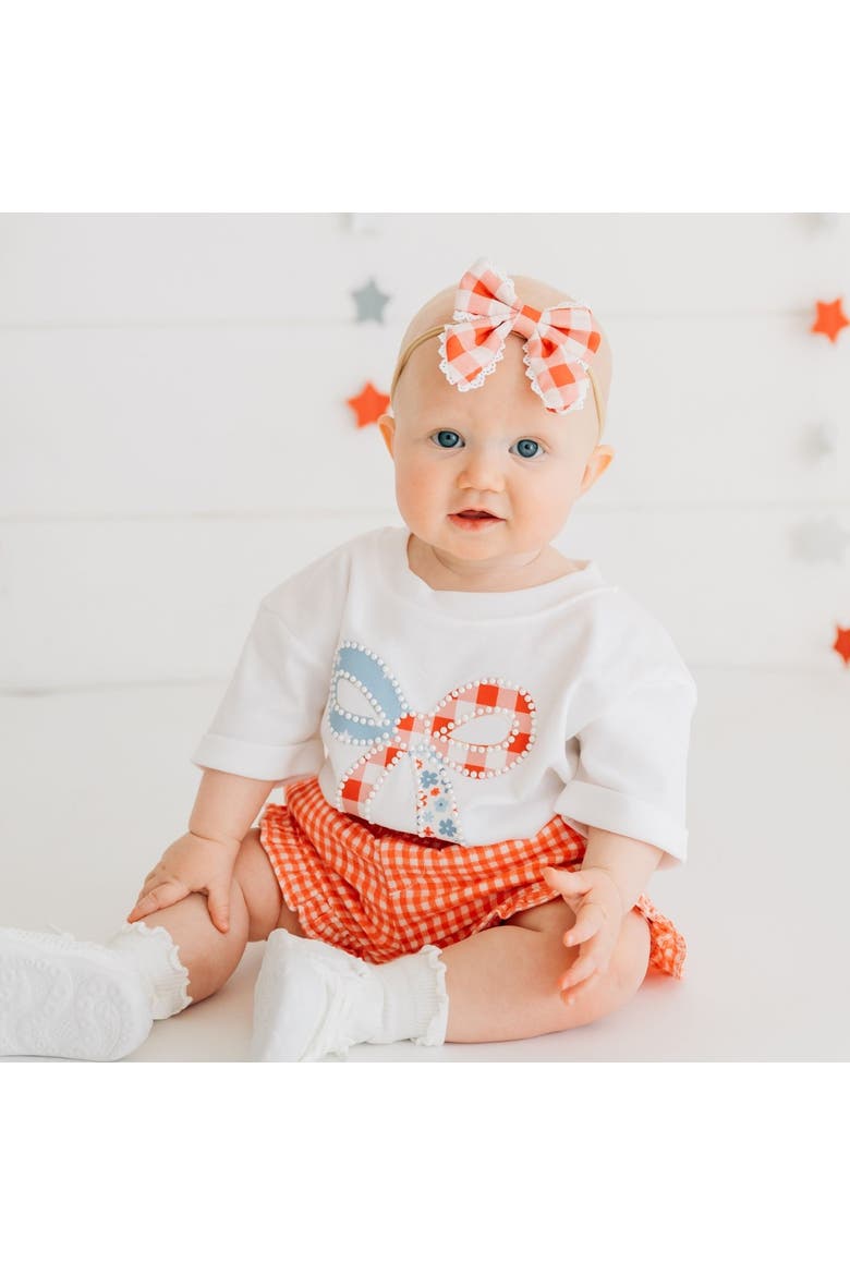 Patchwork Bow Patch Short Sleeve Romper, Alternate, color, White