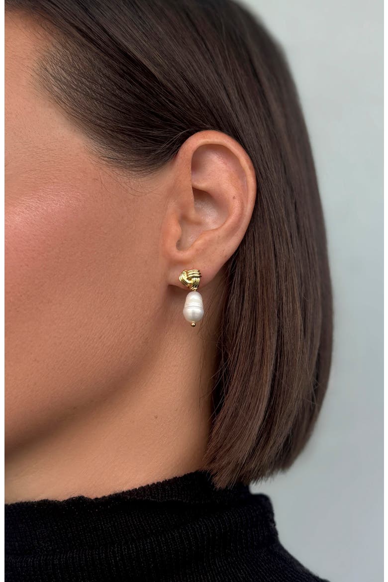 14k Gold Plated Freshwater Pearl Love Knot Drop Earrings, Alternate, color, GOLD