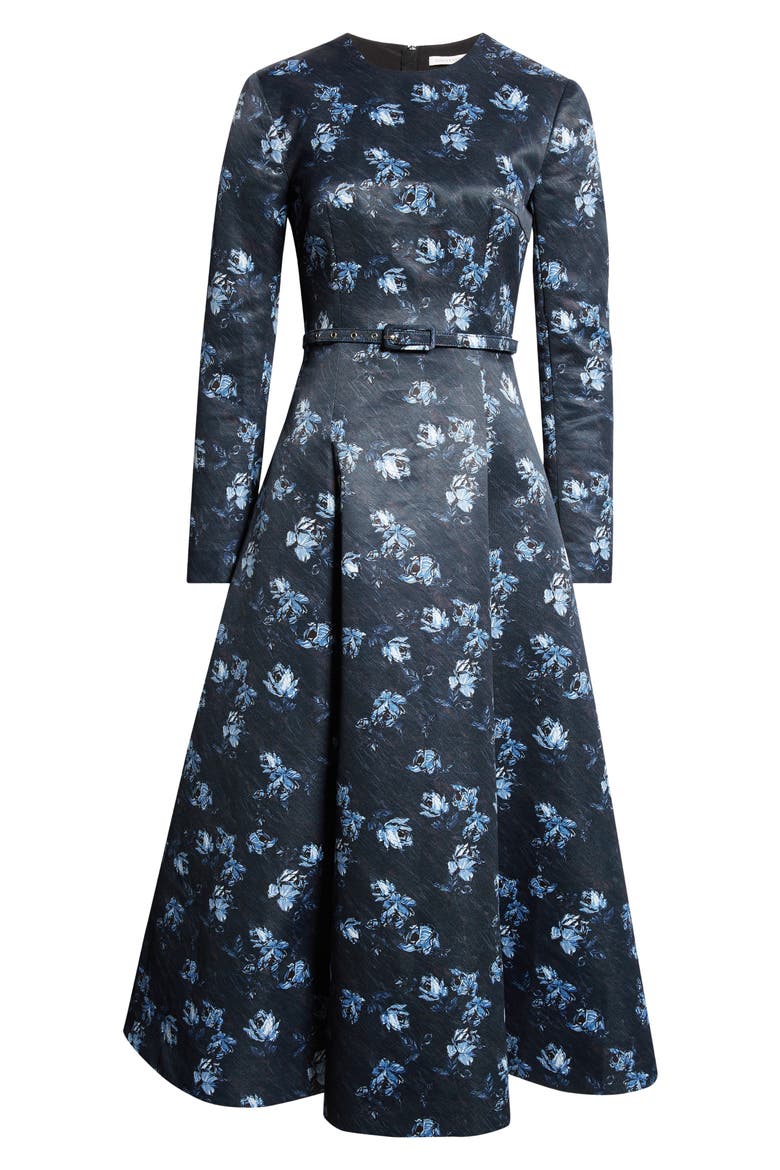 elegant blue floral midi cami dress with sleeves Capucine Floral Long Sleeve Belted Taffeta Faille Midi Dress (Women)