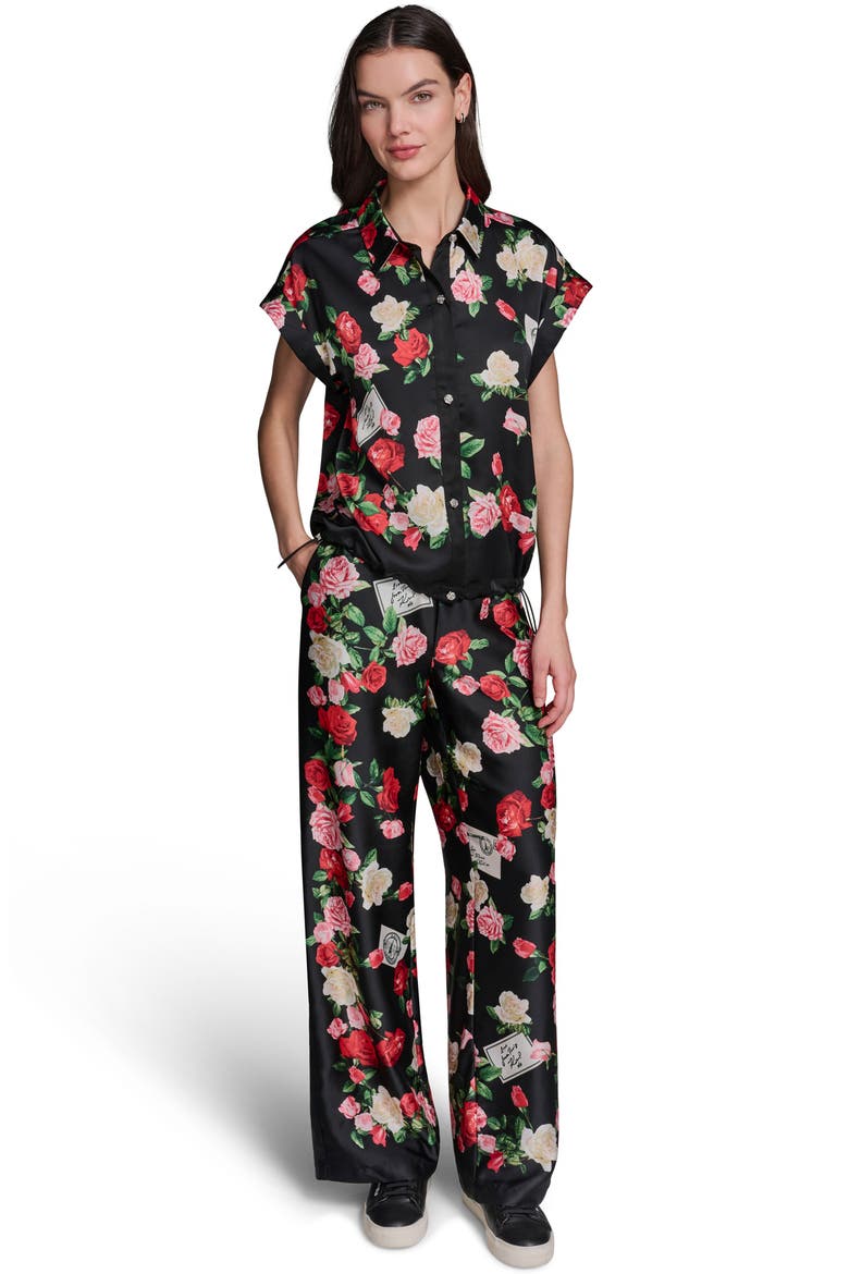 Rose Print Button-Up Shirt, Alternate, color, BLACK MULTI