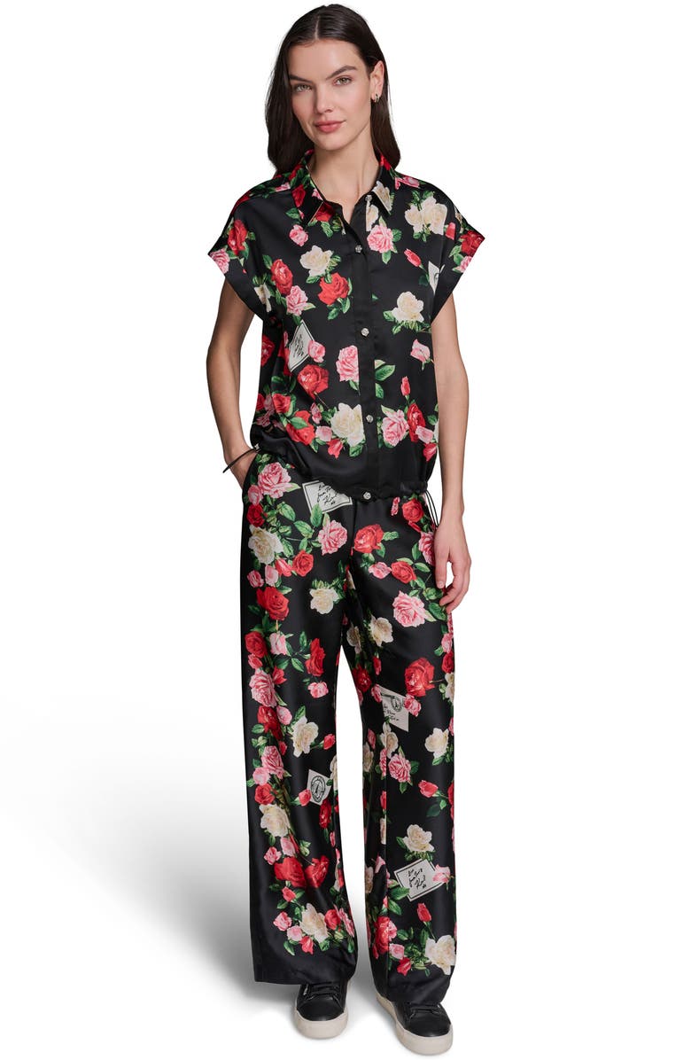 KARL LAGERFELD PARIS Rose Print Button-Up Shirt, Alternate, color, Black Multi