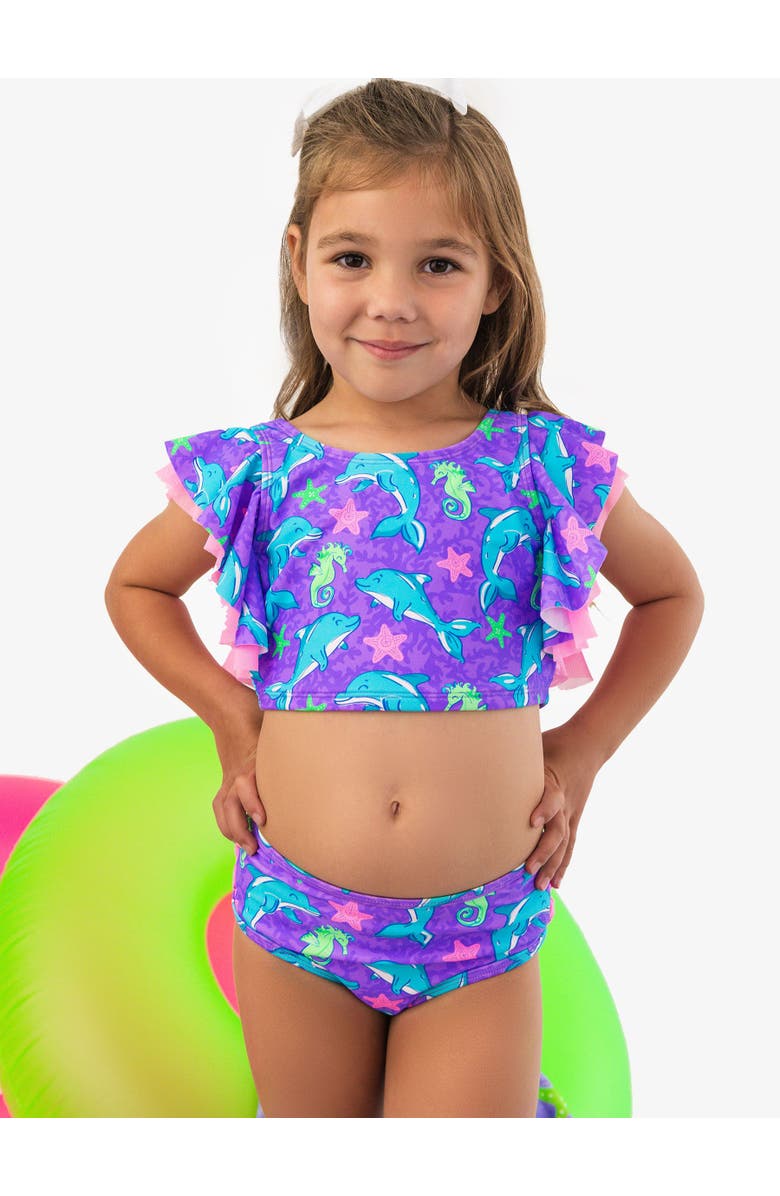 RuffleButts Girls UPF50+ Butterfly Tankini, Alternate, color, Neon Fin Friends