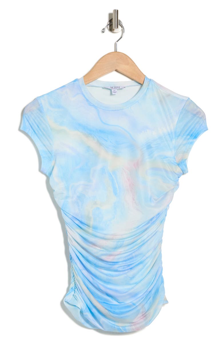 AFRM LOS ANGELES Lacey Cap Sleeve Ruched Mesh Top, Alternate, color, Blue Marble