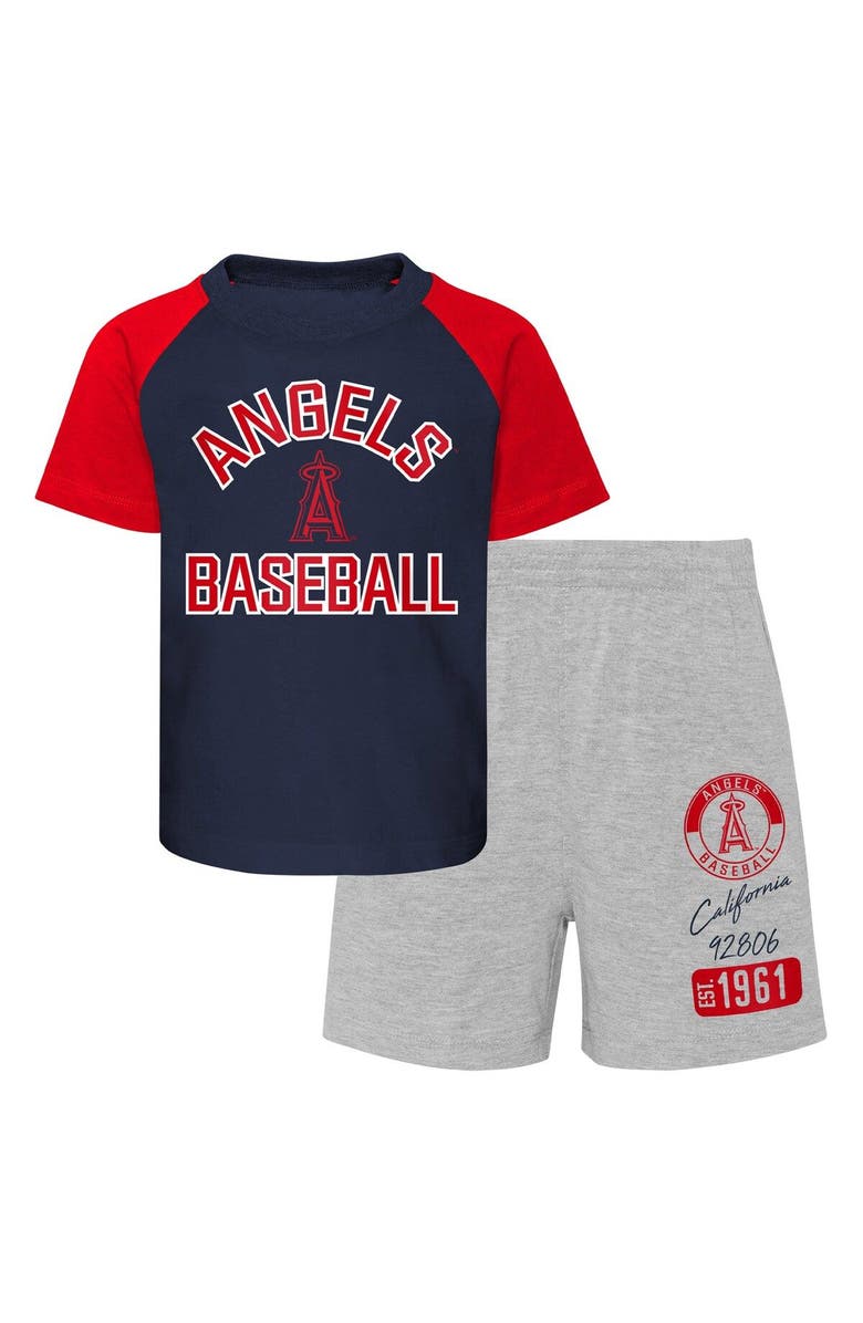 Outerstuff Infant Navy/Heather Gray Los Angeles Angels Ground Out Baller Raglan T-Shirt and Shorts Set, Main, color, 