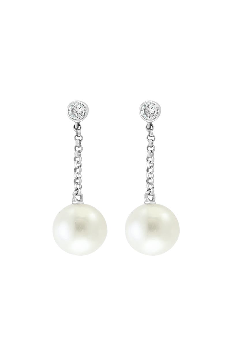 14K White Gold Diamond Freshwater Pearl Drop Earrings, Main, color, White
