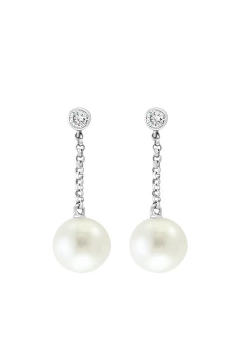 14K White Gold Diamond Freshwater Pearl Drop Earrings