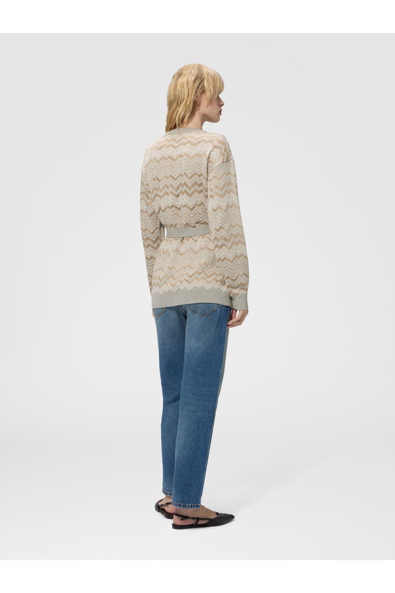 Zig Zag Viscose And Wool Cardigan With Belt, Alternate, color, Beige