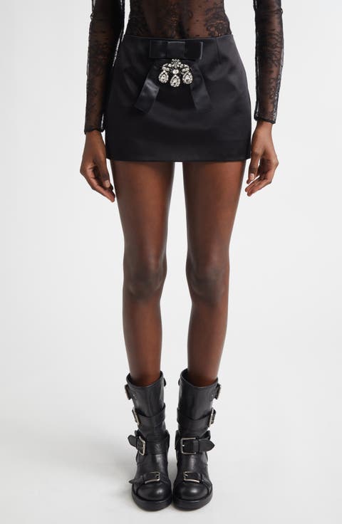 Crystal Embellished Bow Silk Blend Satin Miniskirt