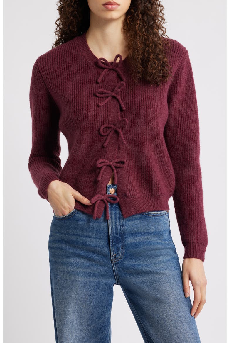 Wilde Bow Front Cardigan, Main, color, BURGUNDY