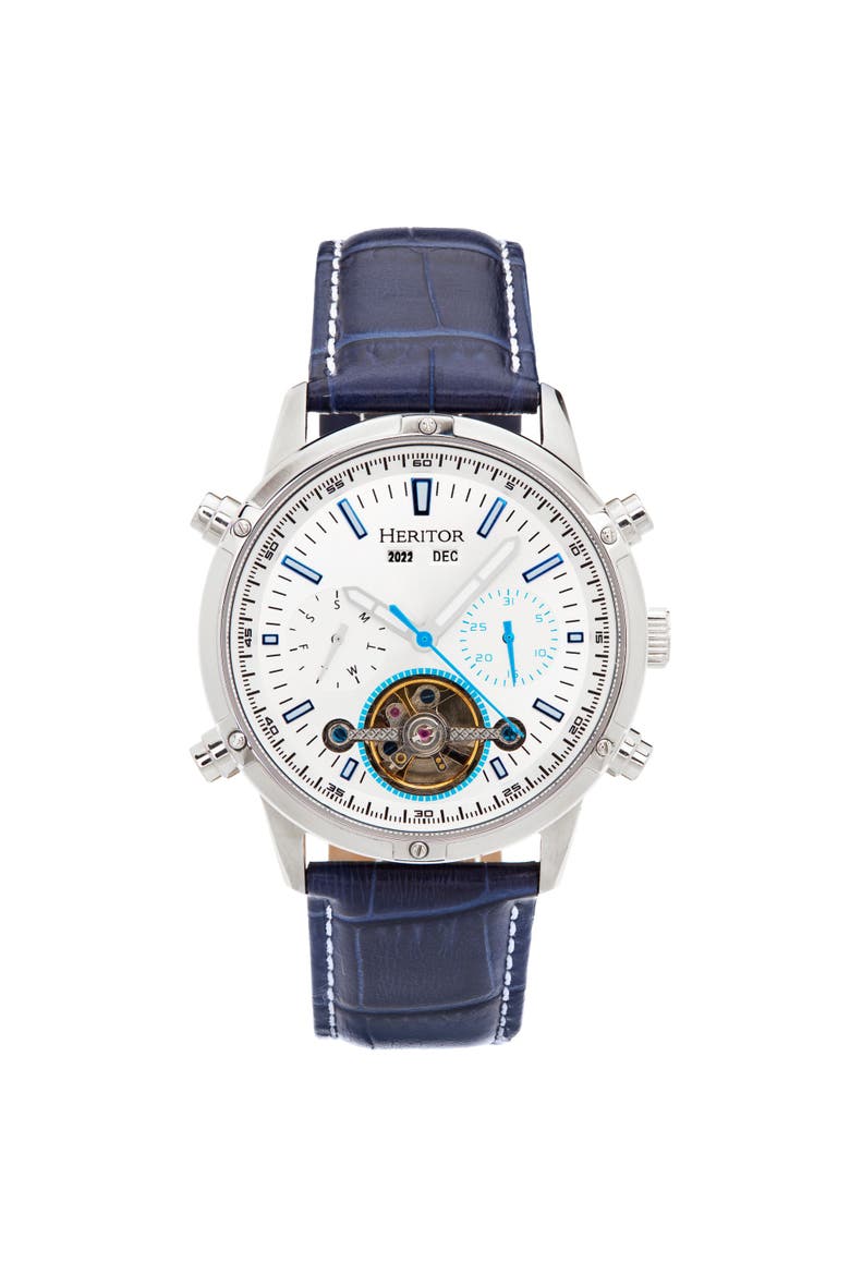 Wilhelm Day-Date Semi Skeleton Automatic Watch w/ Leather Band, Main, color, Blue