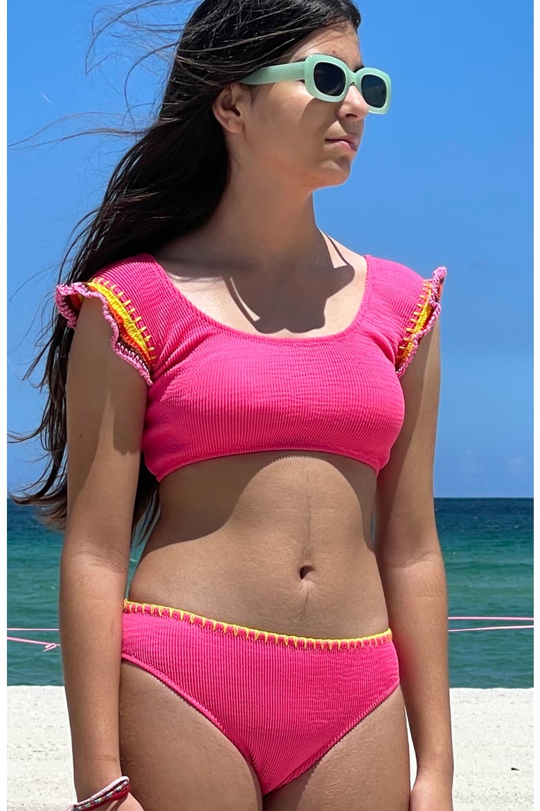 Hand-Knitted Ruffle & Lacework Detail Two Piece Bikini, Little Kid-Big Kid, Alternate, color, Pink