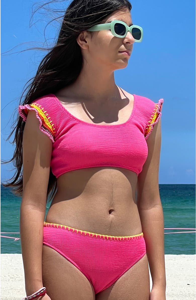 NESSI BYRD Hand-Knitted Ruffle & Lacework Detail Two Piece Bikini, Little Kid-Big Kid, Alternate, color, Pink