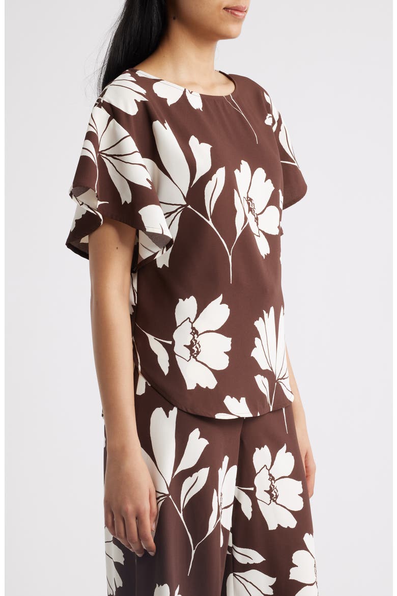 Floral Flutter Sleeve Top, Alternate, color, DARK CHOCLATE/ WHTE