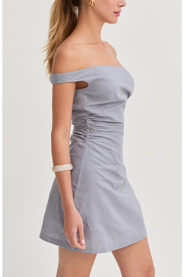 Off Shoulder Side Ruched Linen Mini Dress, Alternate, color, Light Blue