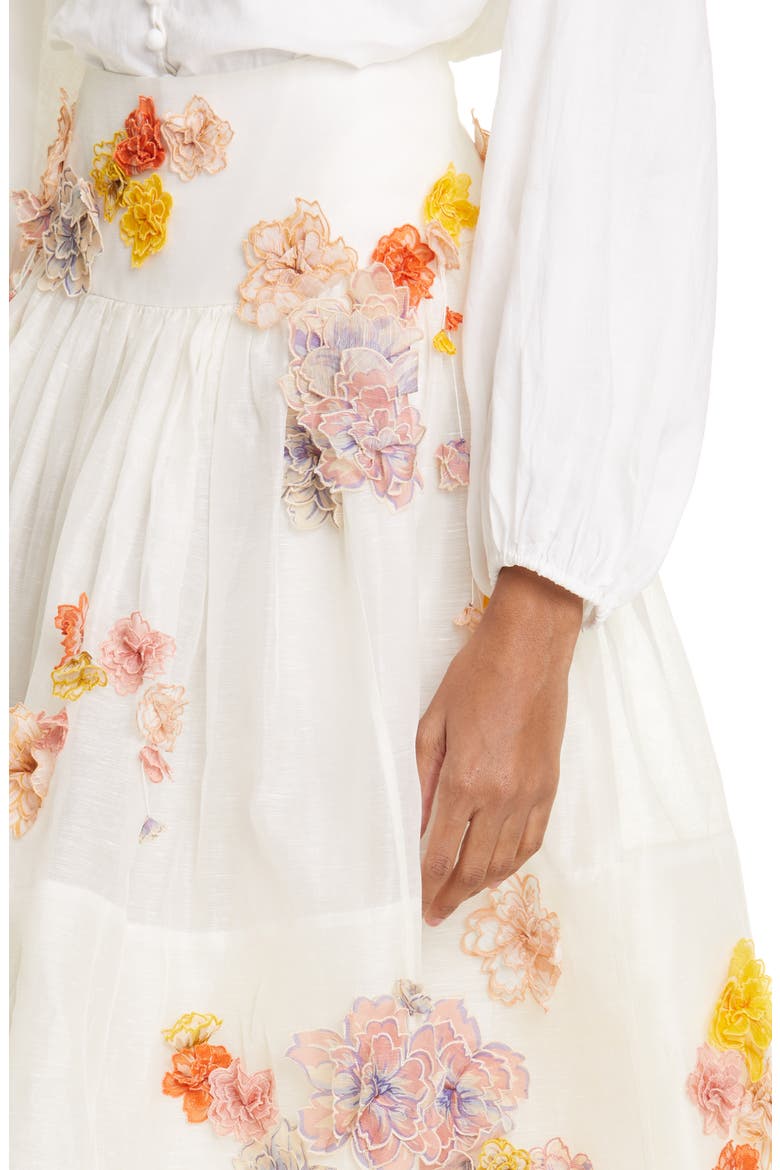 Postcard Floral Appliqué Linen & Silk Skirt, Alternate, color, IVORY