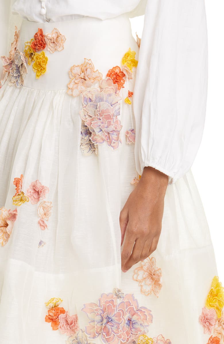 Zimmermann Postcard Floral Appliqué Linen & Silk Skirt, Alternate, color, 