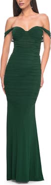 La Femme Off the Shoulder Net Jersey Dress with Ruching