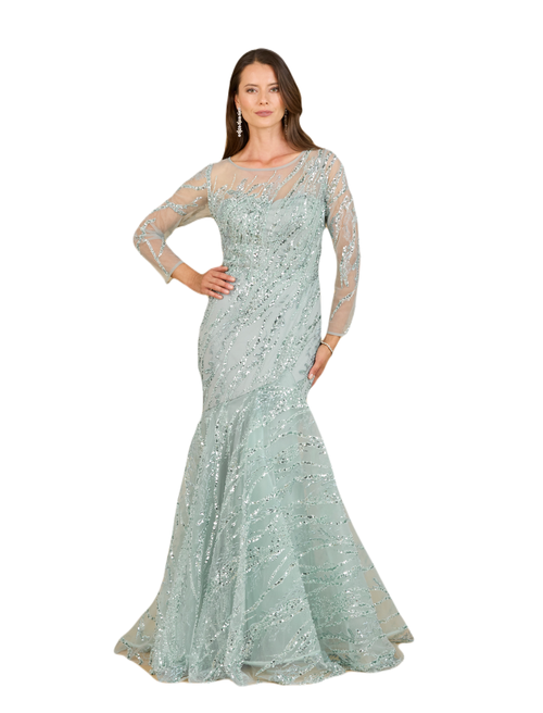 Lara New York Long Sleeve Mermaid Beaded Gown In Seafoam