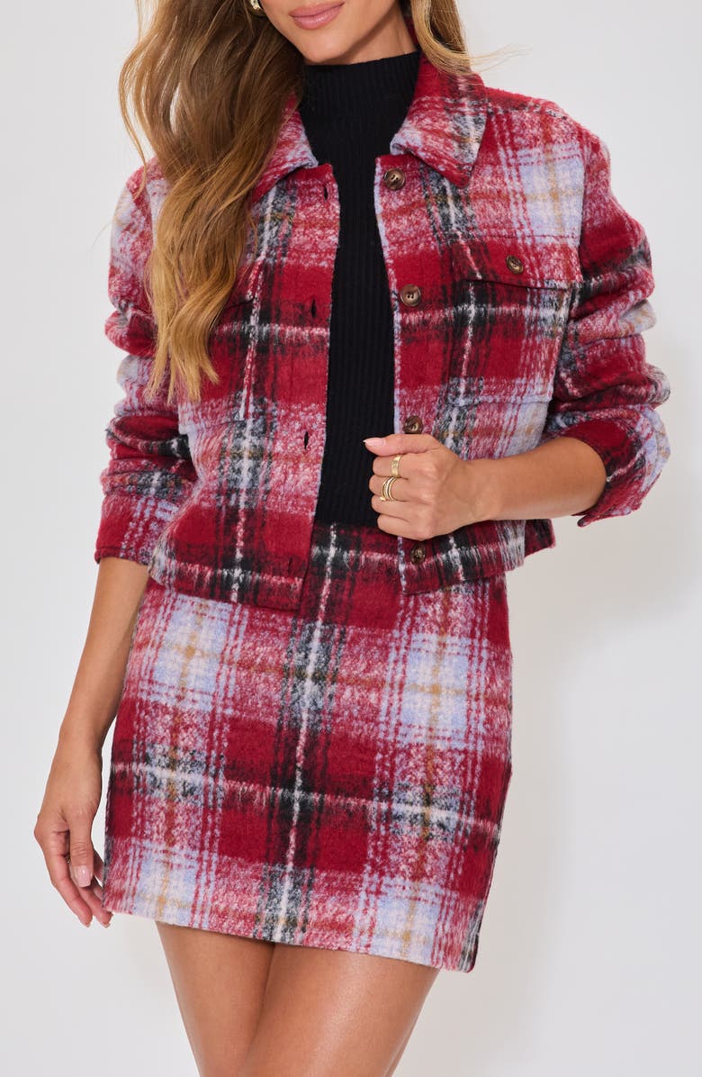 VICI Collection Margaret Plaid Crop Shirt Jacket, Main, color, Burgundy Multi
