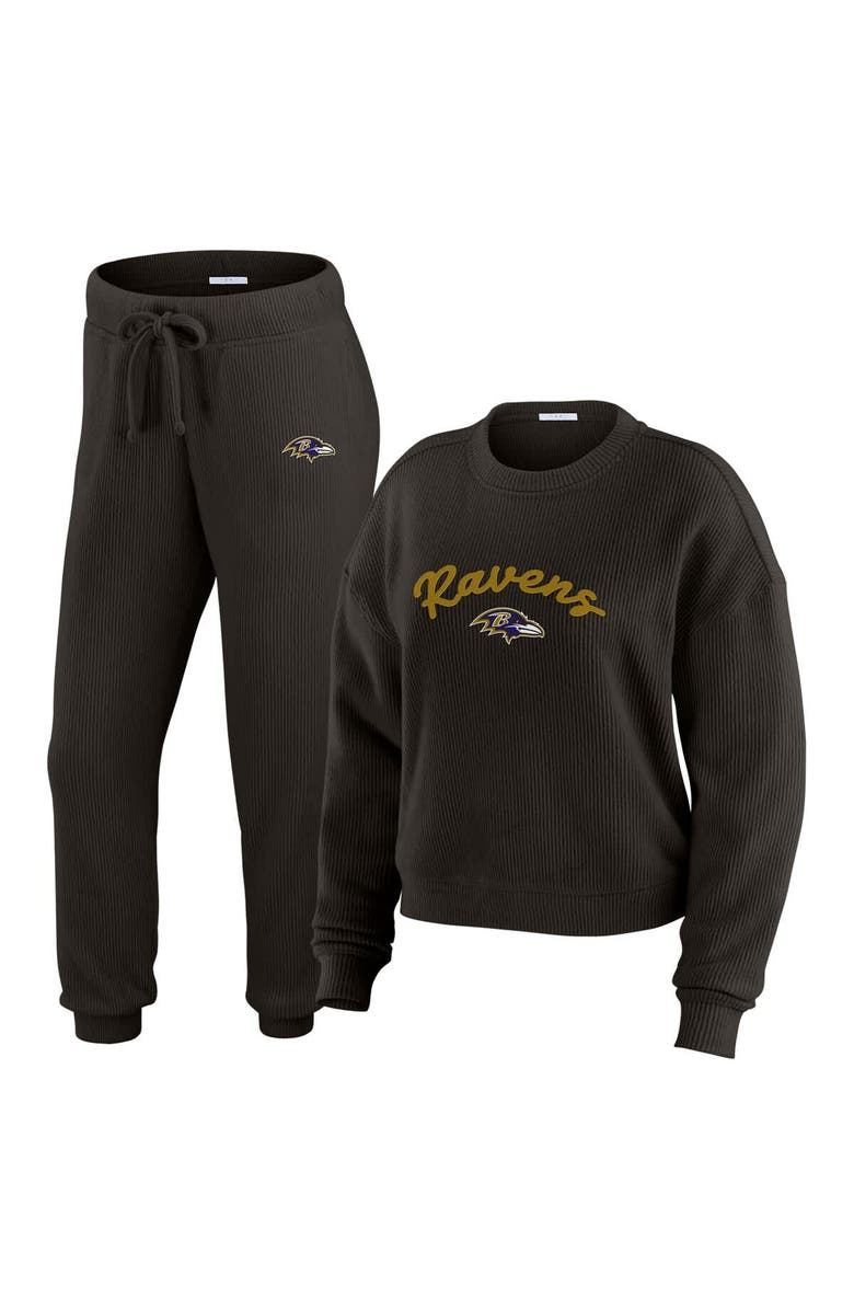 WEAR by Erin Andrews Women's WEAR by Erin Andrews  Cream Baltimore Ravens Knitted Tri-Blend Long Sleeve T-Shirt & Pants Lounge Set, Main, color, Black