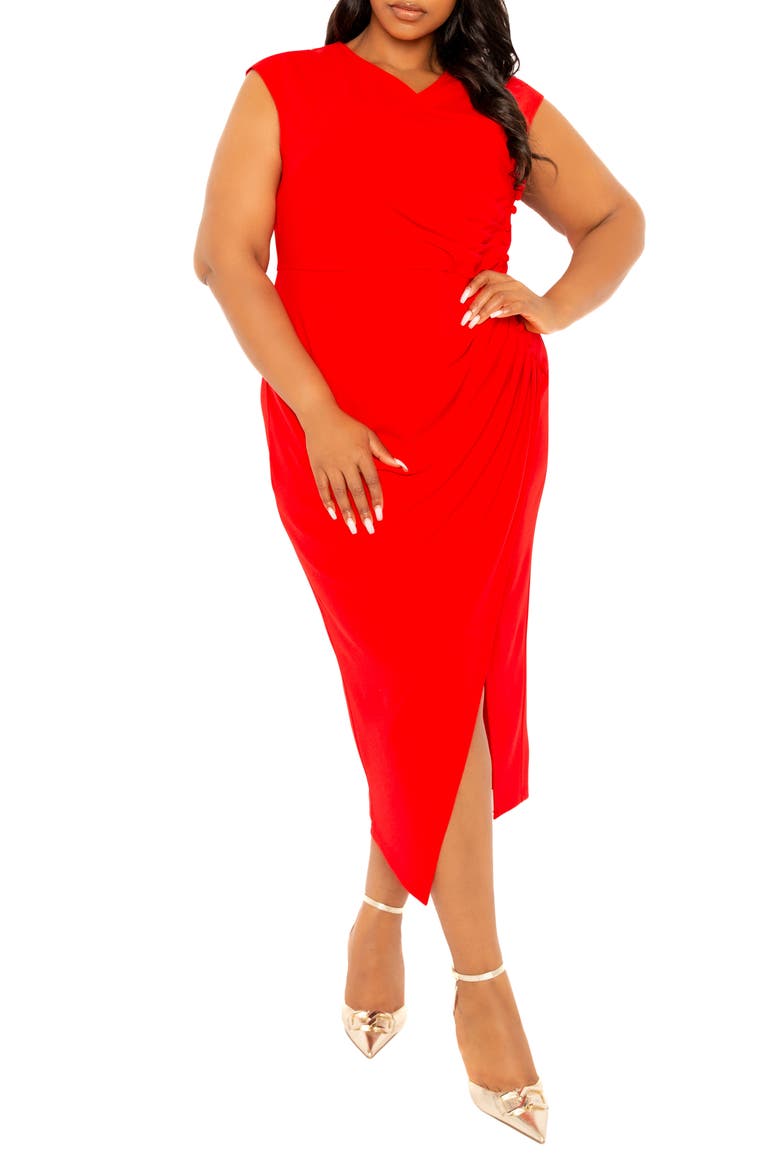 Asymmetric Button Detail Faux Wrap Midi Dress, Main, color, RED