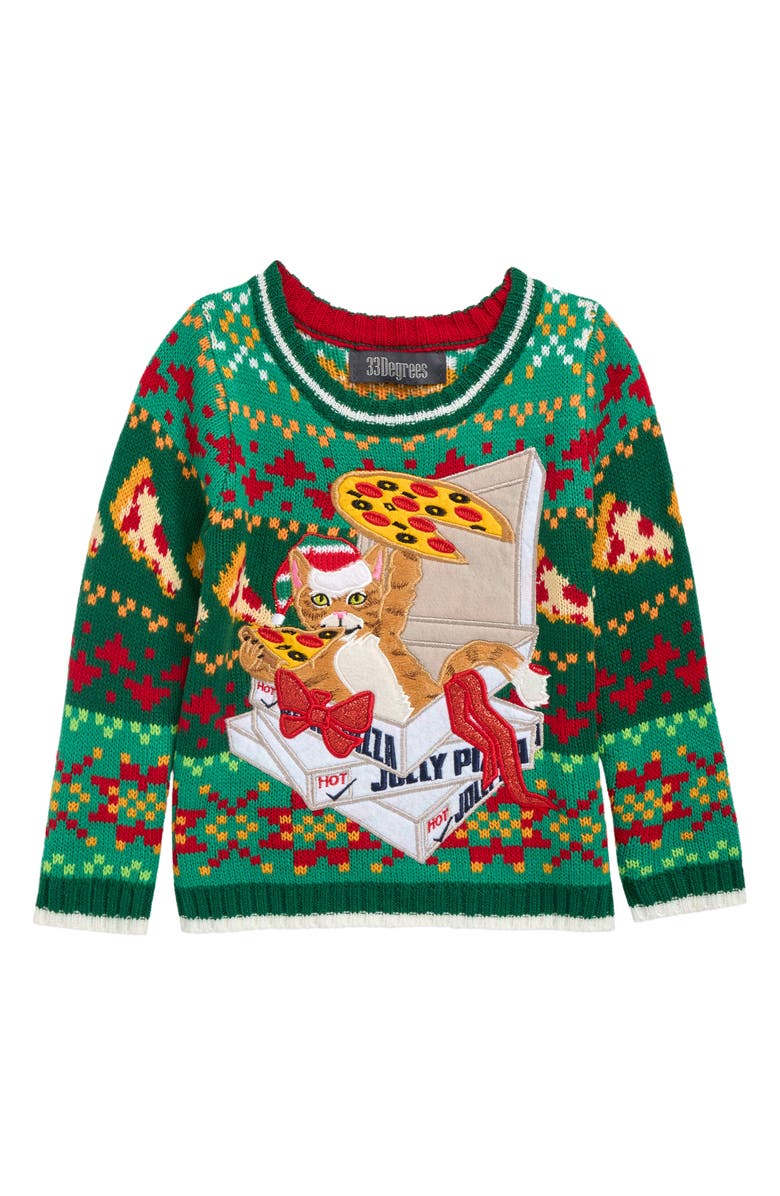 33 DEGREES Kids' Xmas Pizza Cat Holiday Sweater, Main, color, Green Combo Holiday