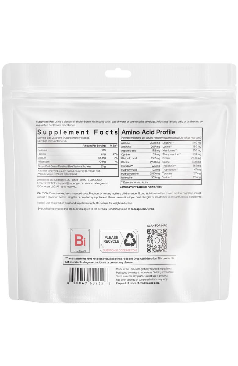 Codeage Grass-Fed Beef Isolate Protein Powder Supplement, Alternate, color, White