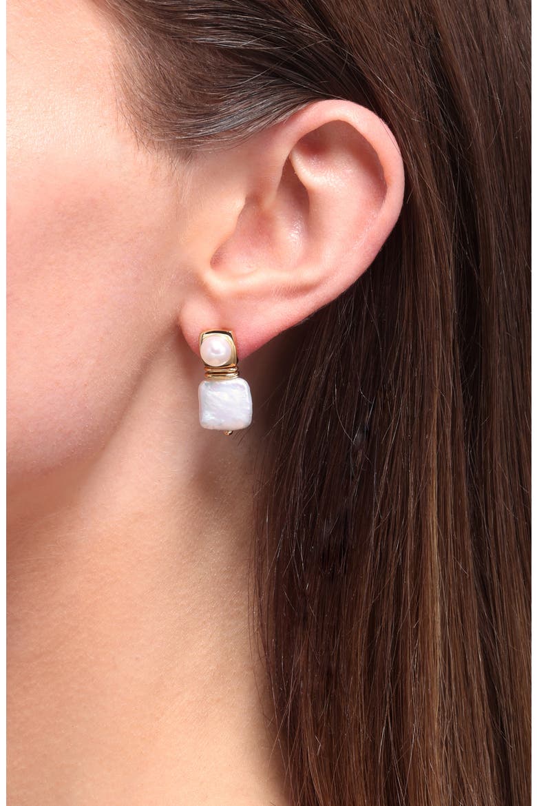 Square Freshwater Pearl Drop Earrings, Alternate, color, GOLD