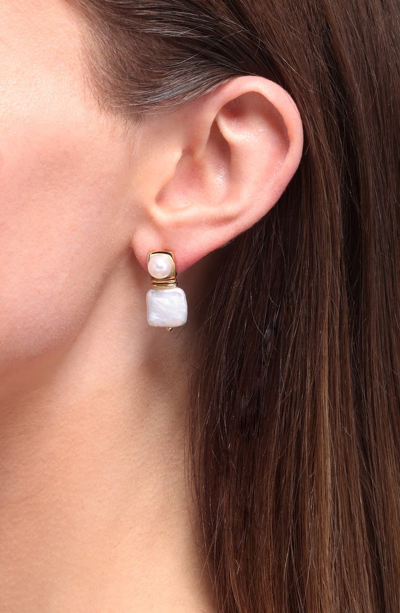 Missoma Square Freshwater Pearl Drop Earrings, Alternate, color, Gold