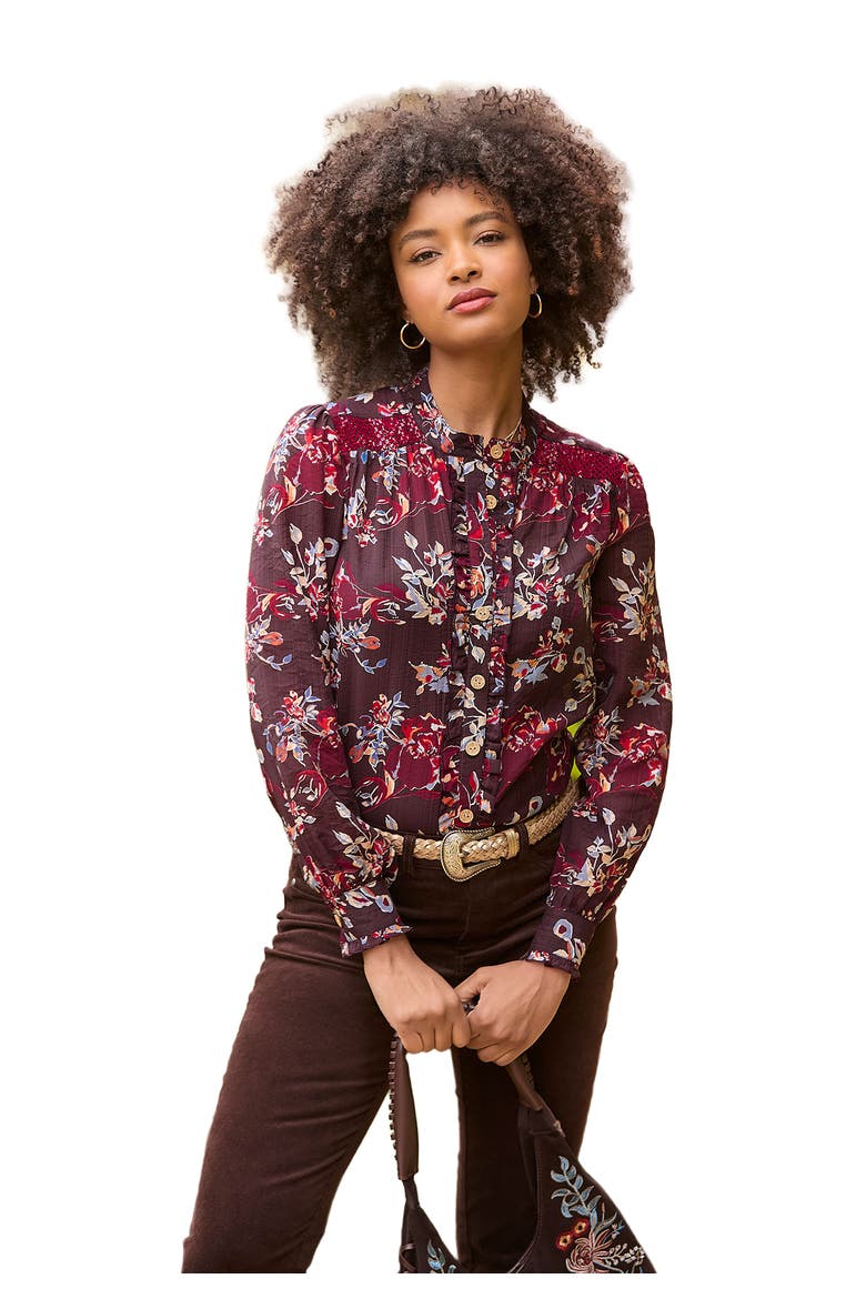 Sheer Button Front Blouse, Main, color, MULBERRY GARDEN