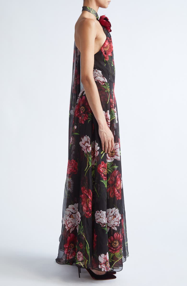 Oscar de la Renta Peony Print Silk Chiffon Halter Gown, Alternate, color, Brown Multi