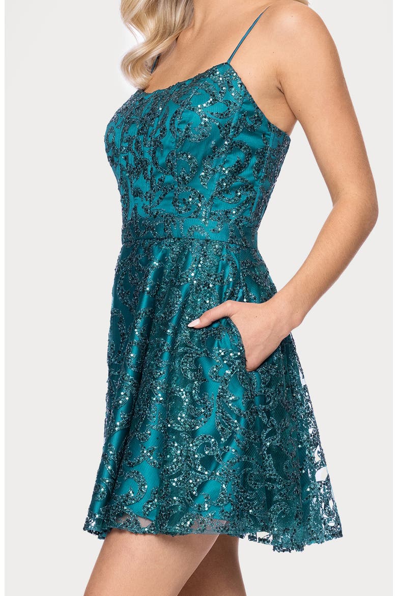 Glitter Lace-Up Fit & Flare Dress, Alternate, color, TEAL