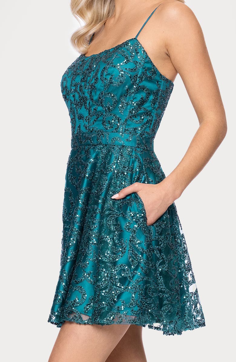 Blondie Nites Glitter Lace-Up Fit & Flare Dress, Alternate, color, Teal