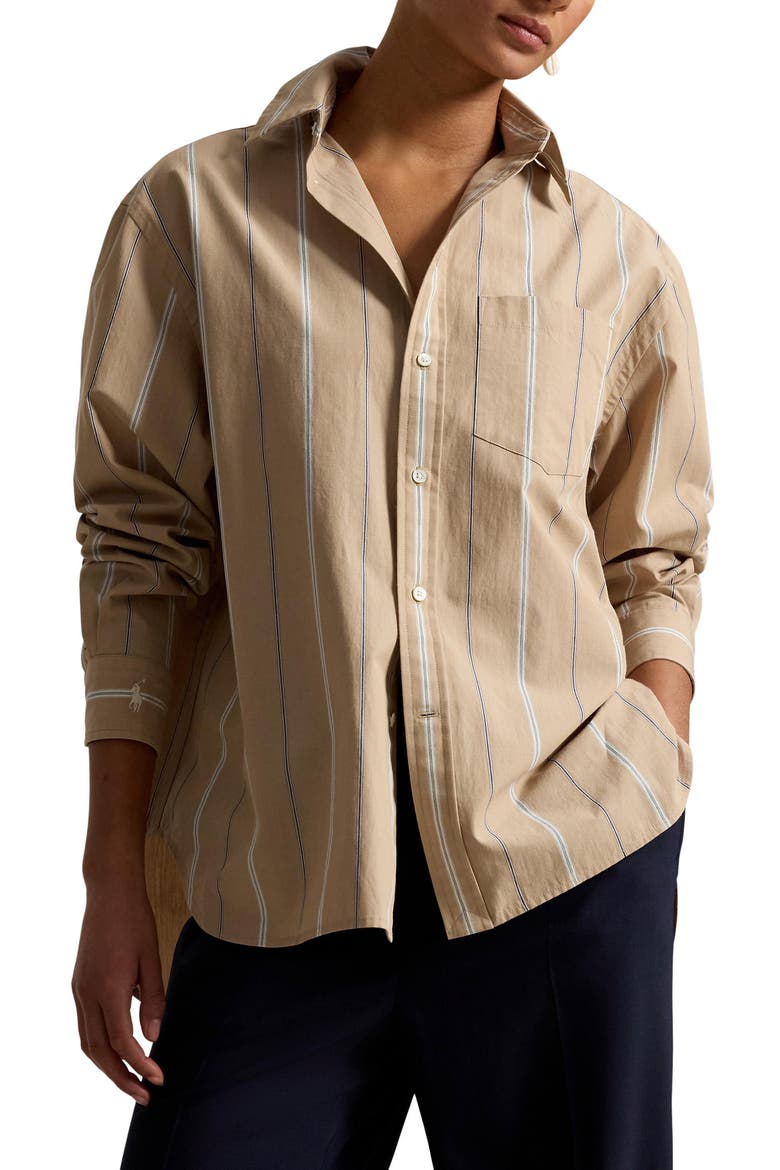 Oversize Fit Stripe Cotton Button-Up Shirt, Main, color, TAN/ CREAM