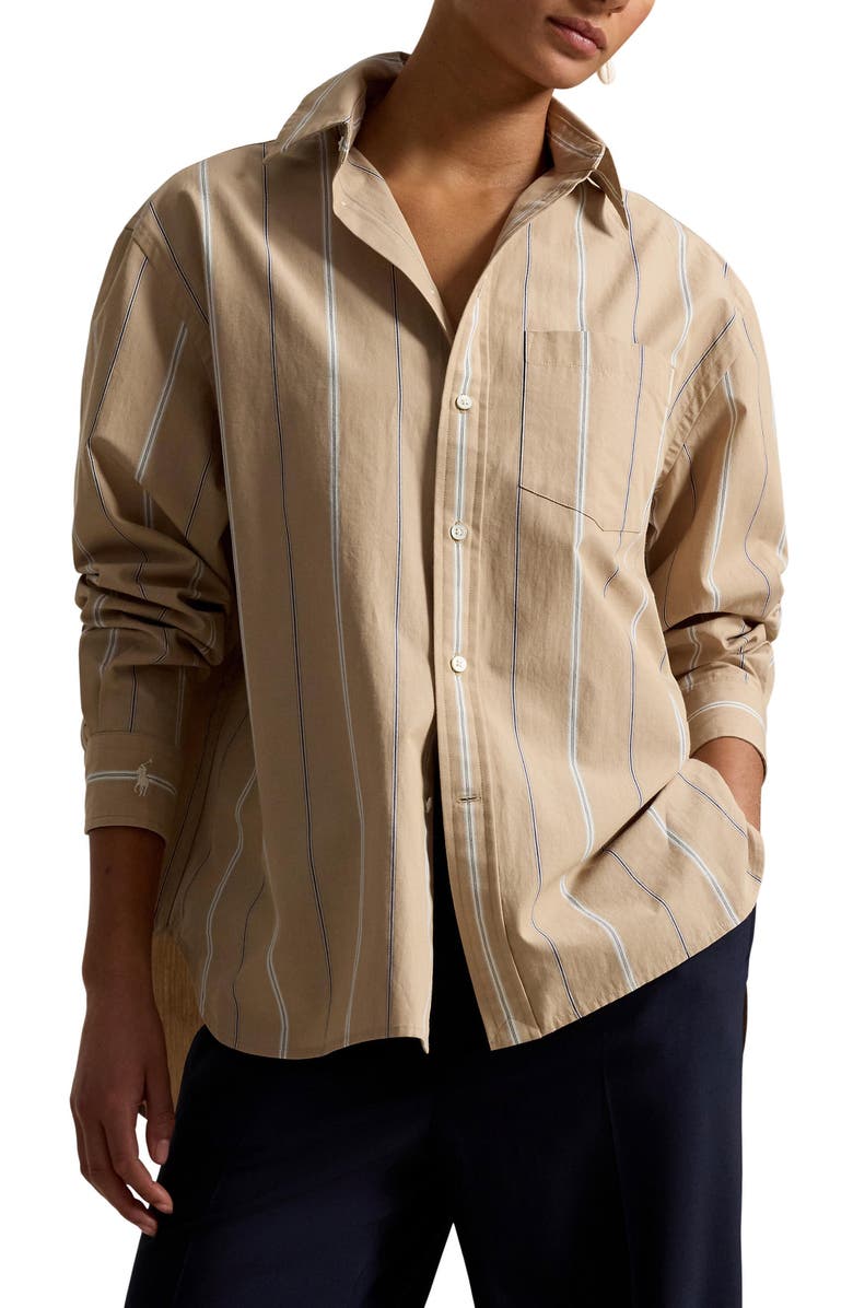Polo Ralph Lauren Oversize Fit Stripe Cotton Button-Up Shirt, Main, color, Tan/ Cream