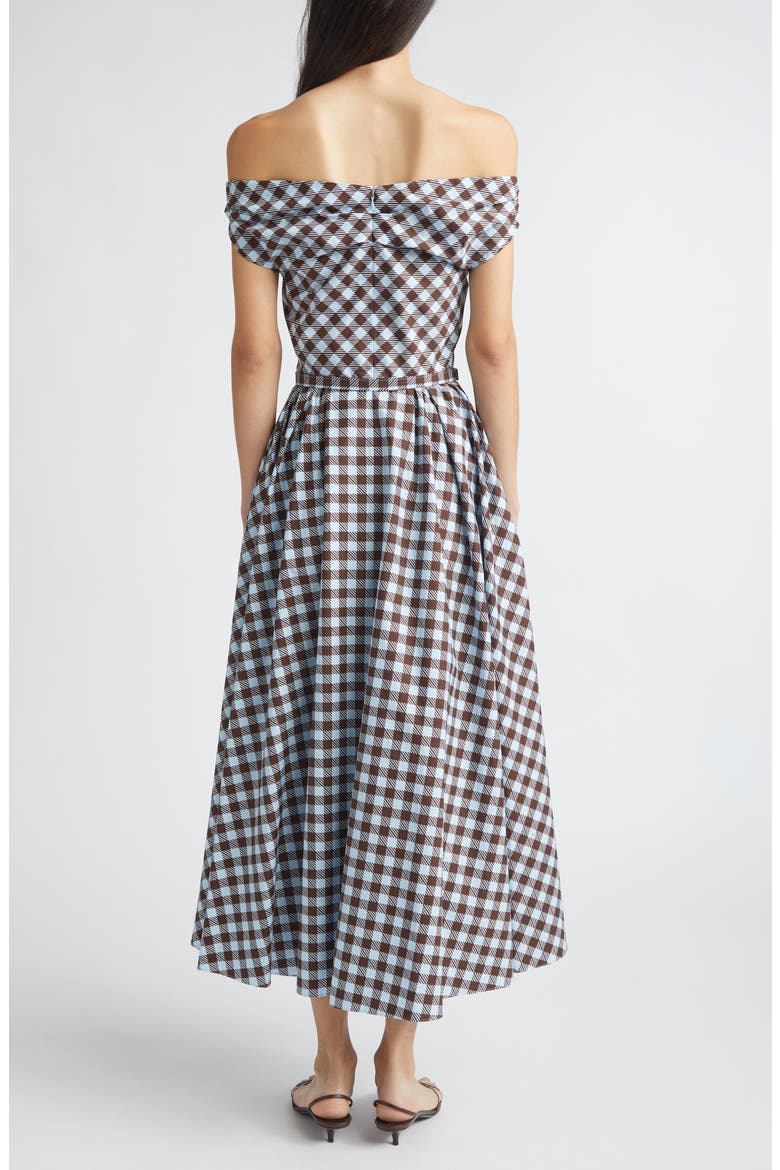 Gingham Print Cotton Stretch Poplin Off the Shoulder Dress, Alternate, color, ICE/ MAHOGANY