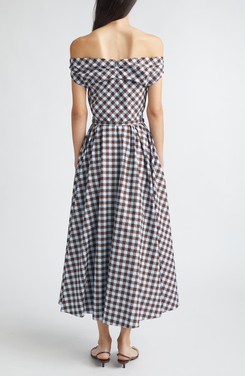Oscar de la Renta Gingham Print Cotton Stretch Poplin Off the Shoulder Dress, Alternate, color, Ice/ Mahogany