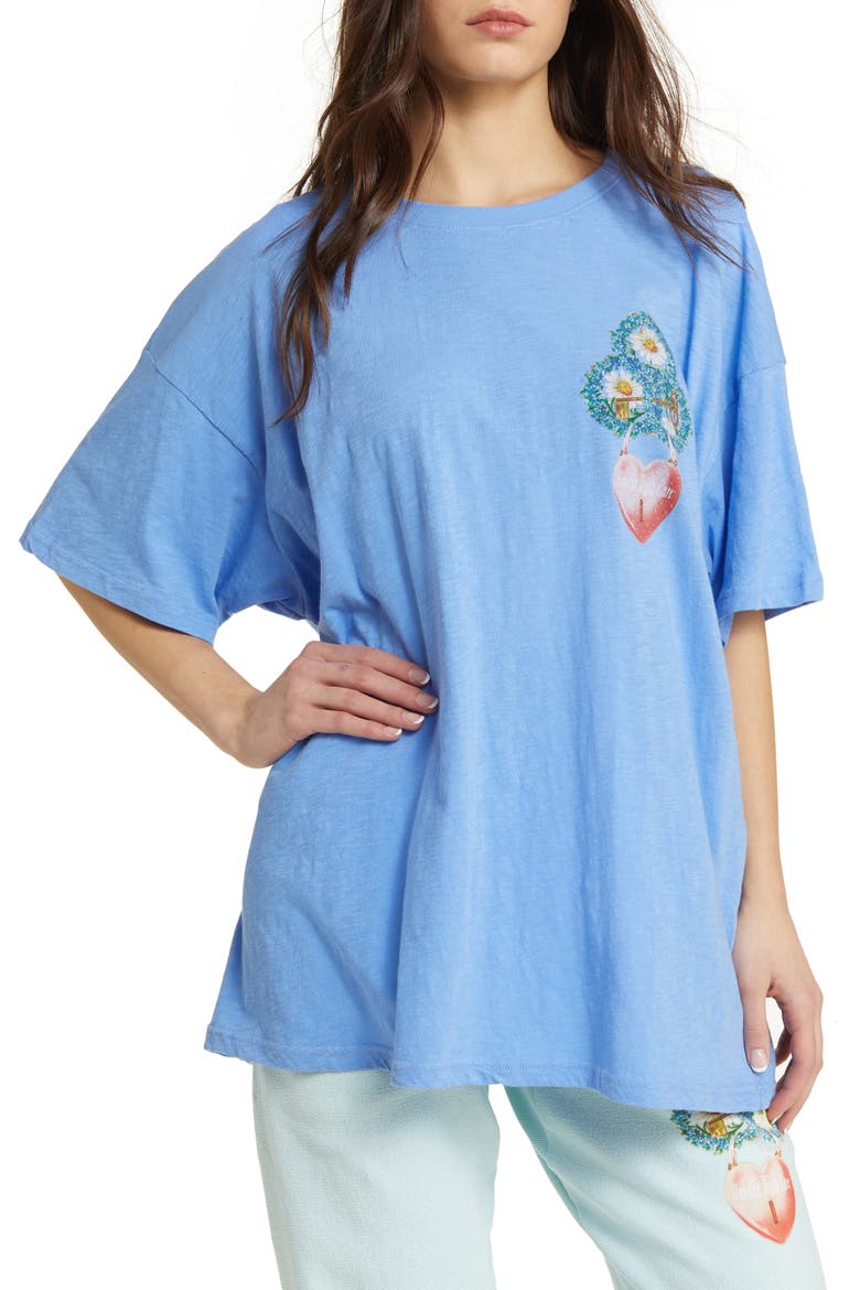 Locked In Rhinestone Oversize Cotton Slub Jersey Graphic T-Shirt, Main, color, BLUE
