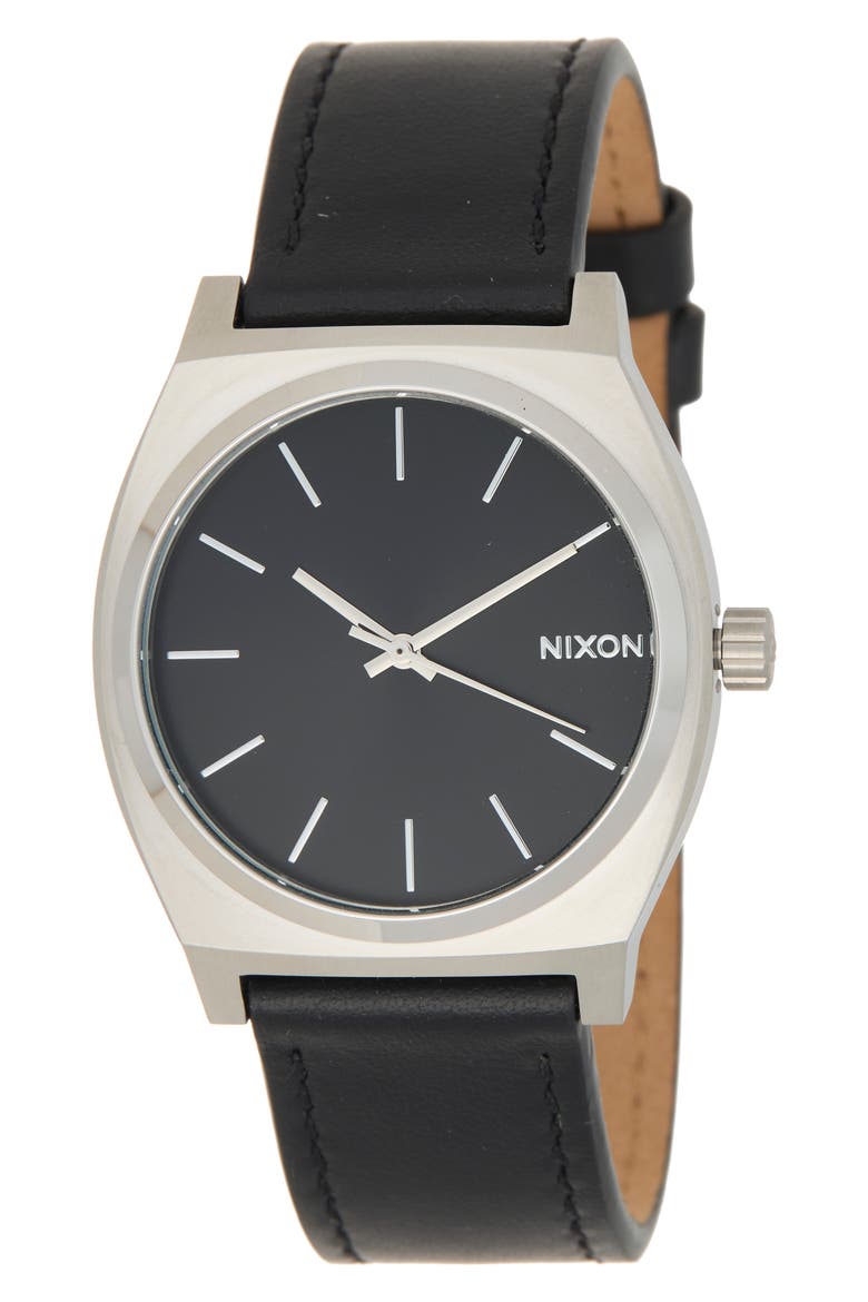 Time Teller Leather Strap Watch, Main, color, SILVER / BLACK