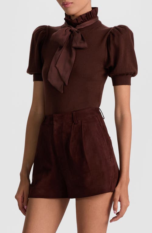 Alice And Olivia Chase Puff Sleeve Ruffle Neck Sweater Dark Chocolate In Brown