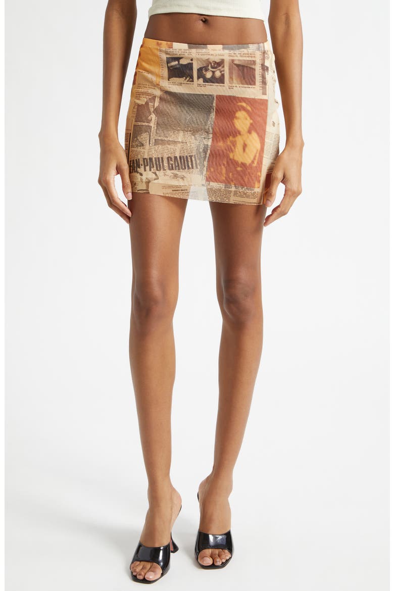 Newspaper Print Mesh Miniskirt, Main, color, ECRU/ LIGHT GREY/ RED