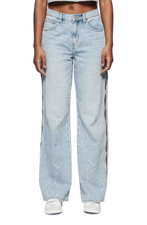 Buckshot Detail High Waist Side Cutout Wide Leg Jeans