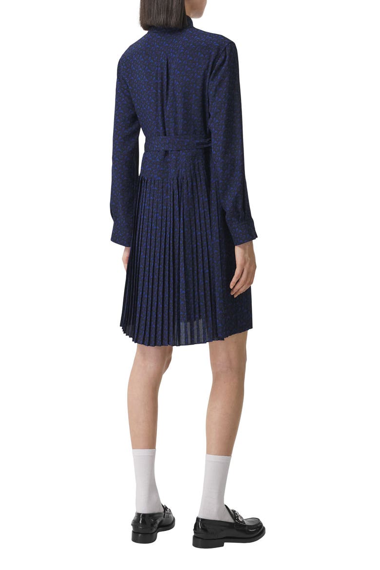 TB Monogram Print Pleated Silk Dress, Alternate, color, DEEP ROYAL BLUE PAT