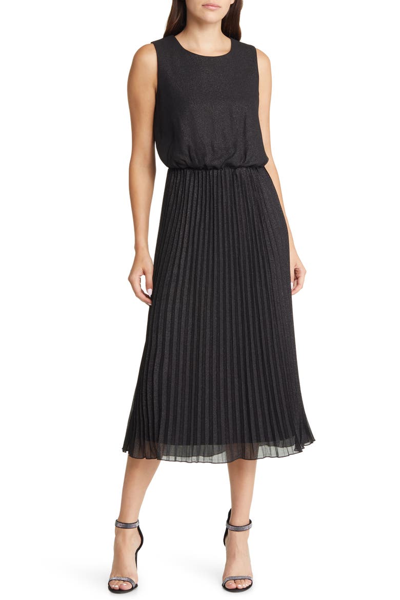 Pleated Metallic Midi Dress, Main, color, BLACK/ SILVER
