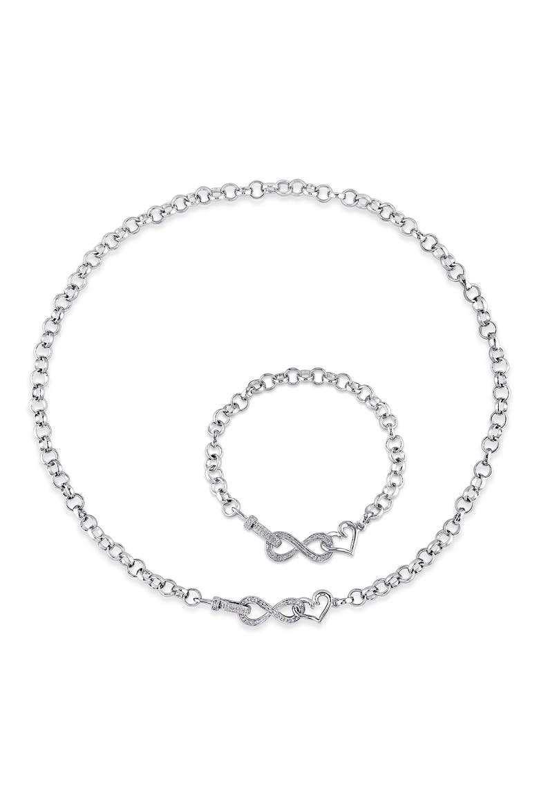 Diamond Heart Infinity Necklace & Bracelet Set, Main, color, SILVER