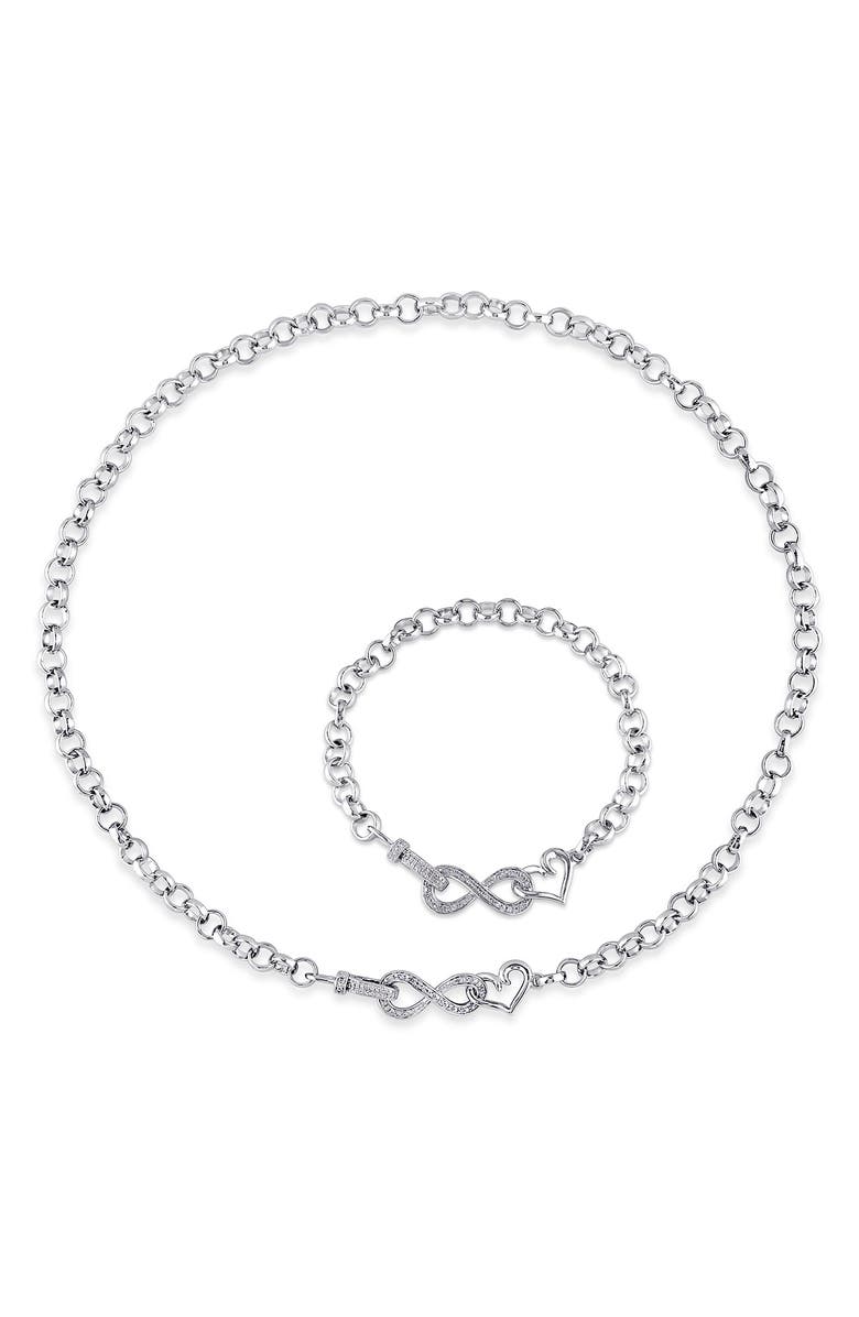 DELMAR Diamond Heart Infinity Necklace & Bracelet Set, Main, color, Silver