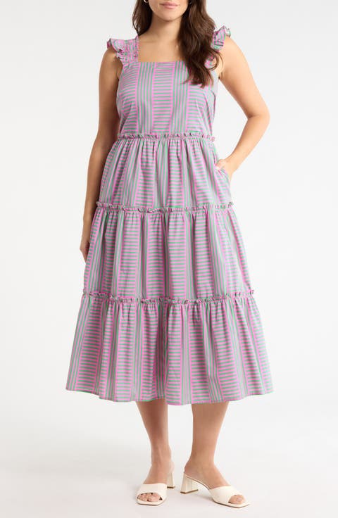 Valda Stripe Ruffle Tiered Midi Dress