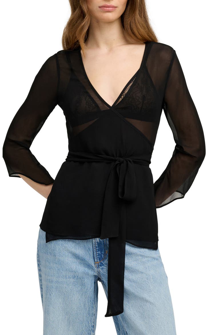 The Ethereal Mixed Media Faux Wrap Top, Alternate, color, BLACK