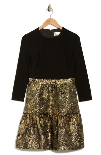 Eliza J Long Sleeve Mixed Media Fit & Flare Dress In Multi