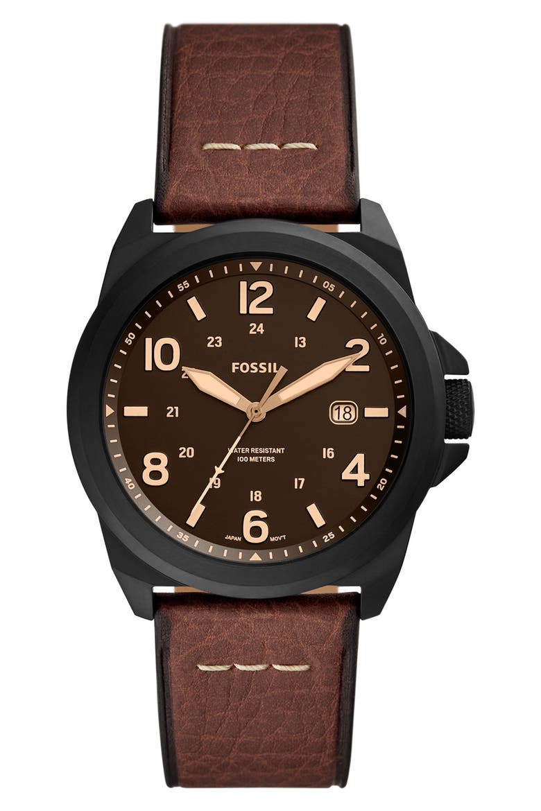 Bronson Leather Strap Watch, 40mm, Main, color, BROWN/BLACK